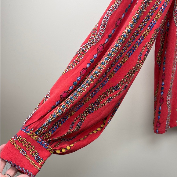 RARE Mii au cinema Red Chain Pattern print long sleeve silk blouse Shirt small - Picture 6 of 12